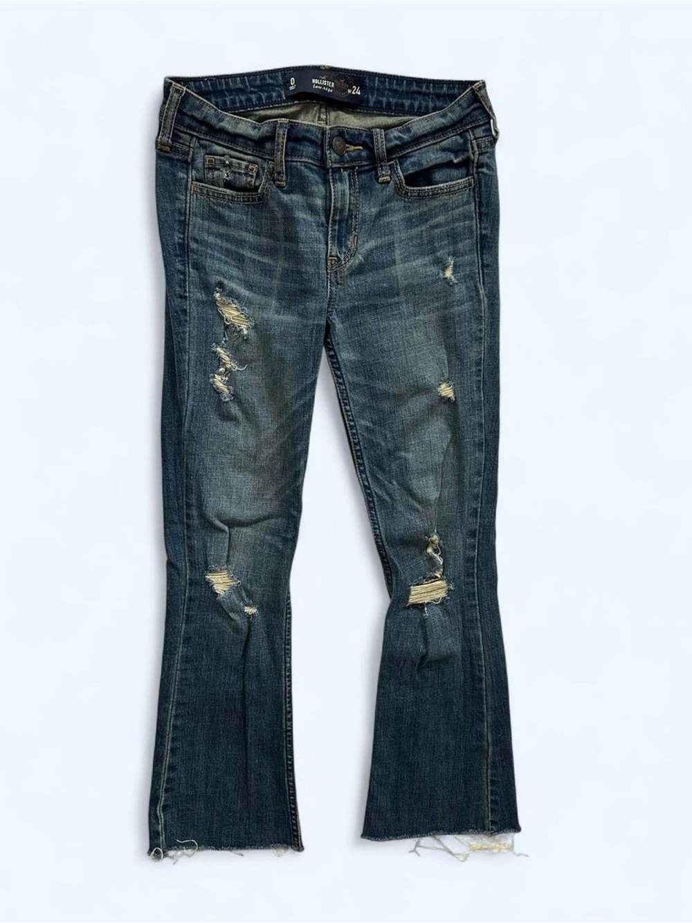 Hollister Low Rise Distressed Kick Flare Jeans Blue Size 0 Cropped Raw Edge Hem
